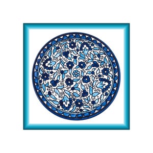 May include: A round, blue and white decorative plate with a floral design. The plate features a detailed pattern of blue flowers and leaves on a white background, framed by a blue border. The plate is set within a square, light blue frame.