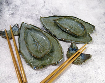 Ceramic sushi set with dipping bowls and chopstick holders, set for 2, pottery sushi trays, stoneware leaves