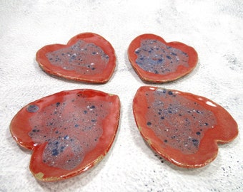 Heart tea bag holder set of 4, pottery spoon rest, ceramic red hearts, Valentine's day, wedding favors