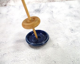 Ceramic spinning bowl, supported spindle lap bowl, blue pottery spindle disk, hand spinning dish