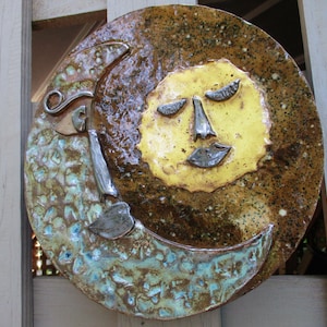 Ceramic sun and moon garden art plaque, pottery outdoor celestial garden decor, hanging wall sculpture home decor