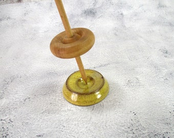 Pottery spinning bowl, yellow ceramic supported spindle bowl, flat lap spindling disk for hand spinning