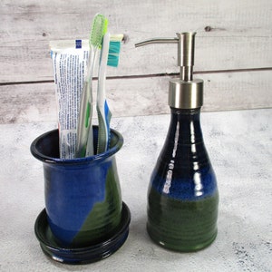 Pottery toothbrush holder bathroom accessory set, ceramic lotion or hand soap dispenser pump