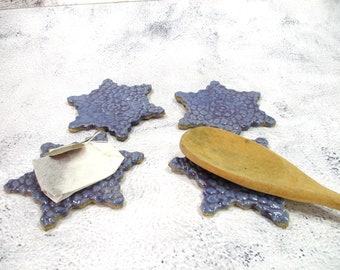 Ceramic snowflake tea bag holder spoon rest set of 4, purple lace pottery coasters caddy