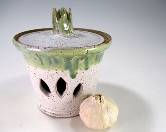 Ceramic garlic keeper jar, pottery garlic kitchen canister, white stoneware shallot jar with lid