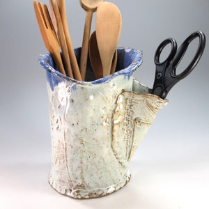 Green Pottery Utensil Holder, Large Ceramic Crock with Scissor Pocket
