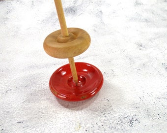 Ceramic spinning bowl, pottery spindle support lap bowl for hand spinning, red spindling disk