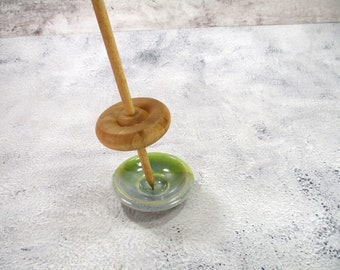 Ceramic spinning bowl, pottery supported spindle dish, blue green stoneware hand spinning disk