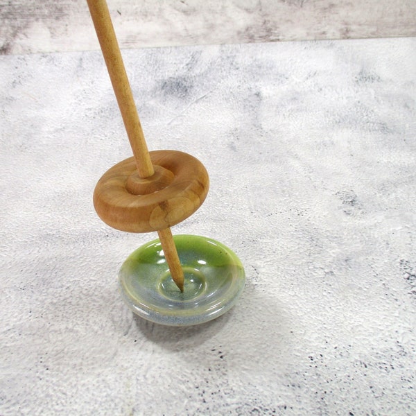 Ceramic spinning bowl, pottery supported spindle dish, blue green stoneware hand spinning disk