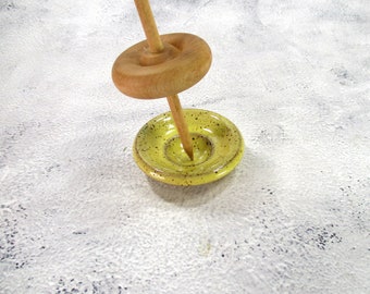 Ceramic spinning bowl, pottery spindle support lap bowl for hand spinning, yellow spinning disk