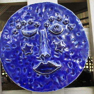 Blue Pottery Moon Face Wall Hanging, Celestial Ceramic Garden Art