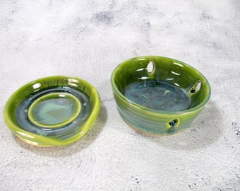 Pottery spoon rest sponge holder set, ceramic spoon rest, green stoneware utensil rest and matching sponge caddy bowl