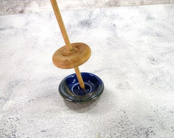 Ceramic spinning bowl, supported lap bowl, blue pottery spindle support disk, hand spinning dish