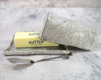 Ceramic butter dish with cover, pottery long rectangle butter holder with spreader knife, lace impressions