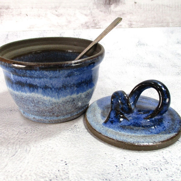 Ceramic sugar bowl with lid, lidded salt cellar, blue kitchen spice storage jar