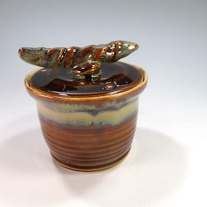 Ceramic sugar bowl salt cellar with lid, pottery lidded spice jar, brown glaze