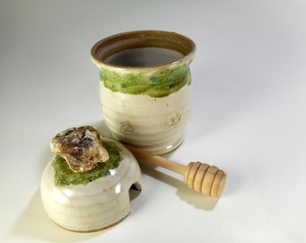 Ceramic honey pot with dipper stick, pottery jam jar, lidded jar with rock knob