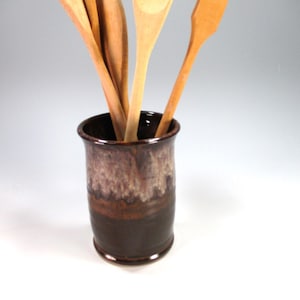 Ceramic utensil holder crock, pottery pencil jar, rustic brown home decor vase