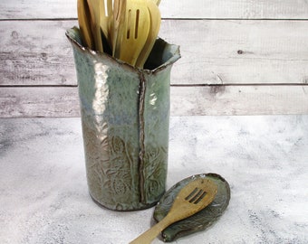 Ceramic large utensil holder with matching spoon rest, pottery tall utensil crock with leaf design