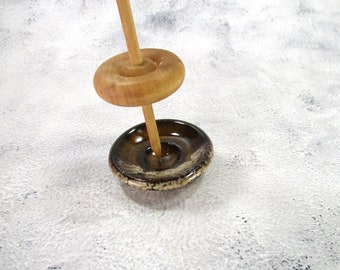 Ceramic spinning bowl, pottery spindle support lap bowl, brown stoneware supported spindle hand spinning disk