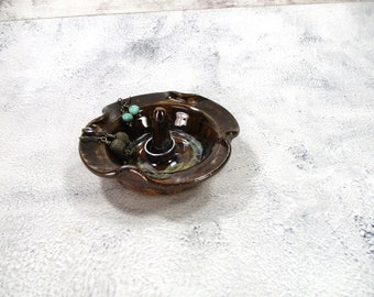 Ceramic ring holder dish, pottery jewelry dish, rustic brown stoneware ring tree with post