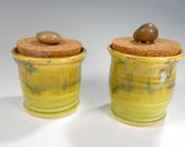Ceramic salt and pepper cellars set of 2, pottery jar with cork lid, foodie gift