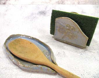 Ceramic spoon rest and sponge holder set with dragonfly, large oval spoon rest, handmade kitchen sponge caddy