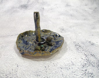 Ceramic ring holder dish, handmade pottery jewelry bowl, stoneware butterfly blue glaze