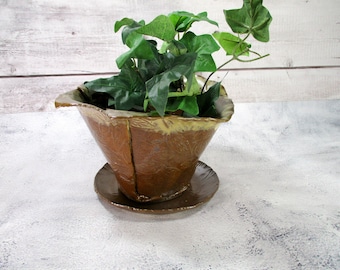 Ceramic handmade planter, brown pottery flowerpot with saucer, stoneware garden art