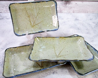 Ceramic serving dishes set of 4, rectangle pottery tapas, dessert plates with leaf detail