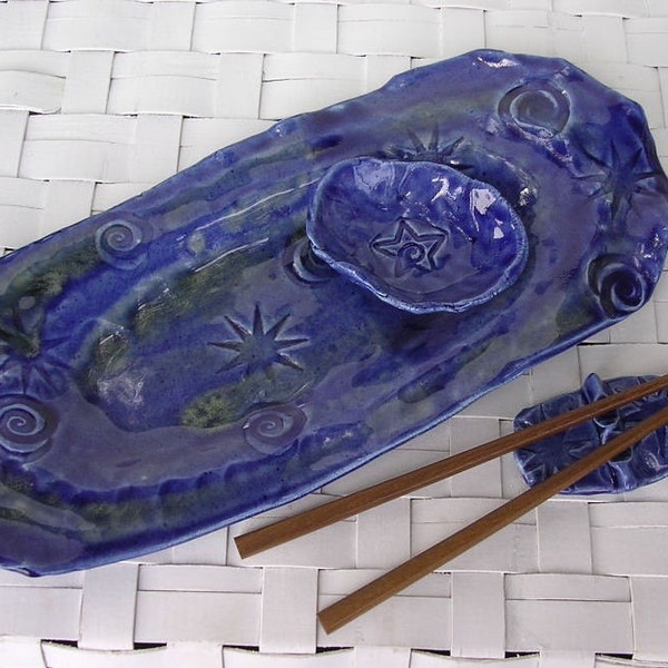 Reserved for Melanie Sushi tray set in cobalt blue with chopsticks stamped star spiral