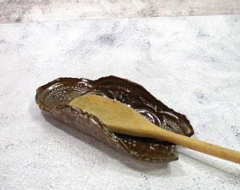 Ceramic brown spoon rest, handmade brown pottery spoon holder