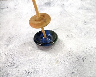 Ceramic spinning bowl, supported spindle lap bowl, blue and green pottery hand spindle support disk