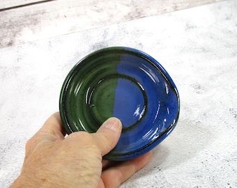 Ceramic spoon holder dish, blue and green utensil rest, pottery cooking spoon or ladle rest