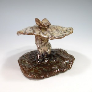 Ceramic mushroom sculpture with butterfly, pottery mushroom, rustic stoneware garden art