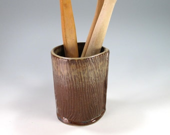 Ceramic utensil holder, brown rustic kitchen storage crock or pencil jar