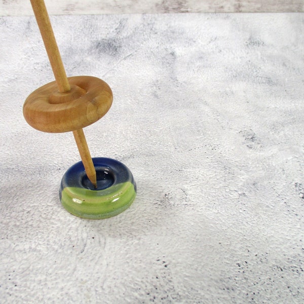 Ceramic spinning bowl, flat pottery spindle dish, supported lap bowl, blue and green stoneware spinning disk