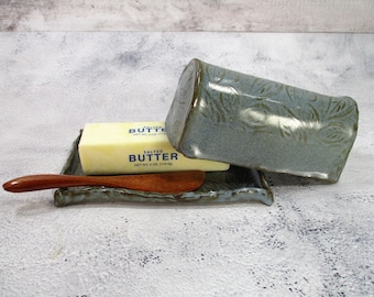 Ceramic butter dish with spreader knife, pottery stick butter holder with leaf impressions