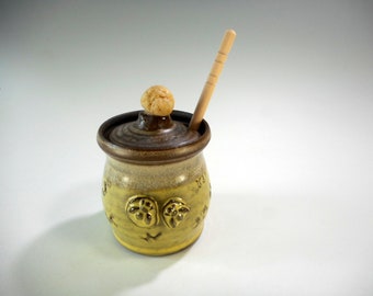 Ceramic honey dipper jar, bee pottery honey pot with dipper stick, rock knob lid, yellow and brown glaze