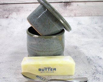 Ceramic French butter dish with spreader knife, pottery butter keeper, blue green stoneware kitchen storage jar