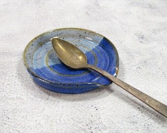 Ceramic spoon rest, pottery utensil or ladle dish, stoneware spoon holder, blue kitchen decor