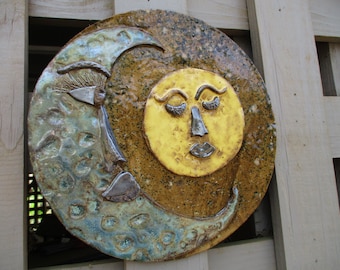 Ceramic sun and moon garden art plaque, pottery outdoor celestial garden decor, hanging wall sculpture home decor