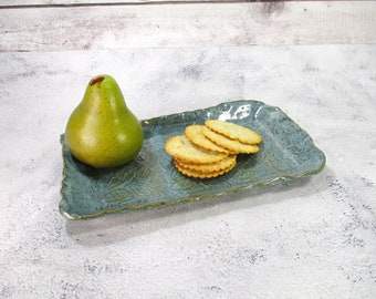 Ceramic cheese and cracker charcuterie board, pottery chip and dip tray, blue leaf decor dish