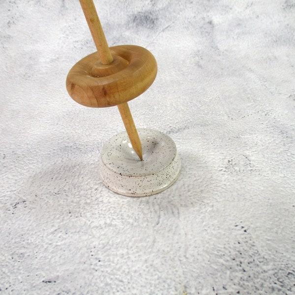 Ceramic flat spinning bowl, small pottery spindle disk, supported lap bowl for hand spinning, white glaze