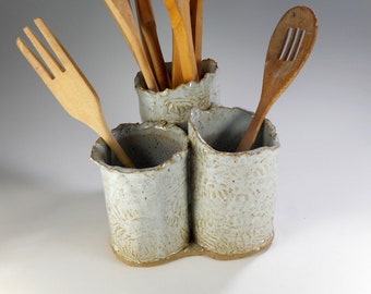 Ceramic utensil organizer, large pottery utensil holder, cooking spoons or silverware holder or home decor vase