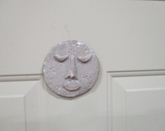 Ceramic moon magnet, pottery refrigerator magnet, stoneware man in the moon sculpture