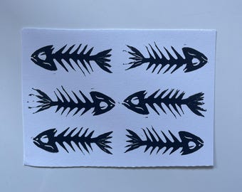 Fish Bones - Small Linocut Print