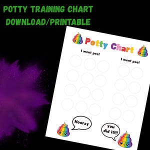 May include: A white potty training chart with the text "Potty Chart" and "I went pee!" and "I went poo!". The chart has circles for tracking and cartoon poop emojis with rainbow manes. The text "Hooray" and "you did it!!!" are also included.