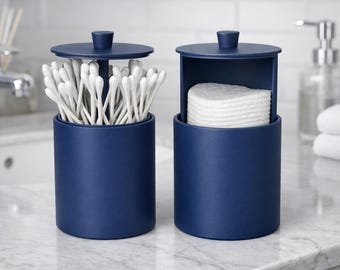 Modern Bathroom Storage Set, Cotton Swab Q-Tip Holder, Minimalist Vanity Organizer, Blue Decor
