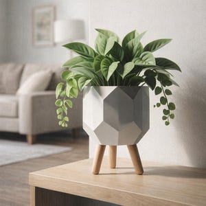 Könnte beinhalten: Ein geometrischer, weißer Pflanztopf mit Holzbeinen beherbergt eine üppige grüne Pflanze. Der Topf hat ein Design mit abgewinkelten Facetten, und die Pflanze hat große, herzförmige Blätter. Die Anordnung steht auf einem Holztisch und schafft eine moderne, natürliche Ästhetik.
